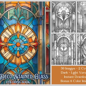30 Stained Glass Coloring Pages, Art Deco Stained Glass Coloring Book, Adult Coloring Pages, Printable Grayscale Stained Glass Patterns PDF