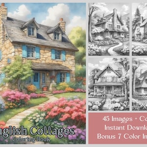 Cottage Coloring Pages: 45 Cozy English Cottages (Printable Grayscale) (Digital Download)