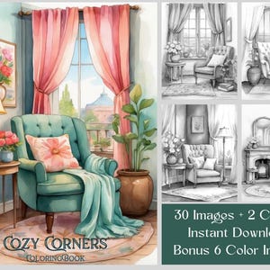 30 Interior Coloring Pages, Cozy Corners Coloring Book, Reading Nooks Grayscale Printable PDF Coloring Pages For Adults, Instant Download