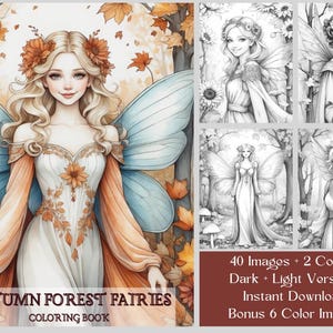 40 Fairy Coloring Pages, Autumn Fairy Coloring Book, Printable Grayscale Fairy Coloring For Adults & Kids, Fantasy Fairy Coloring Pages