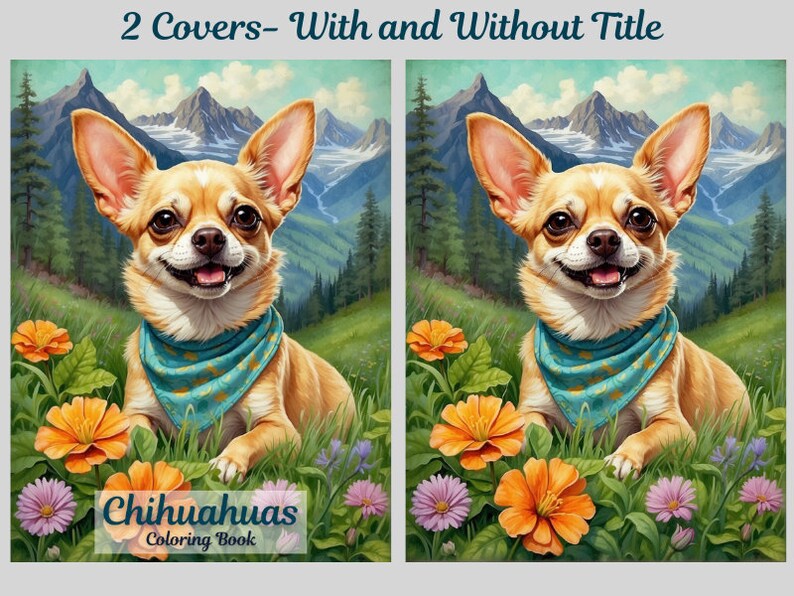 May include: Two covers for a colouring book featuring a chihuahua in a mountain landscape with flowers. The first cover has the title "Chihuahuas Colouring Book" and the second cover does not have a title.