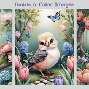 May include: Three illustrations of animals in a spring garden setting. A squirrel sits on a branch, a bird with a blue and brown patterned chest sits on a stone path, and a fox sits on a path in the woods. All three animals are surrounded by flowers and greenery.