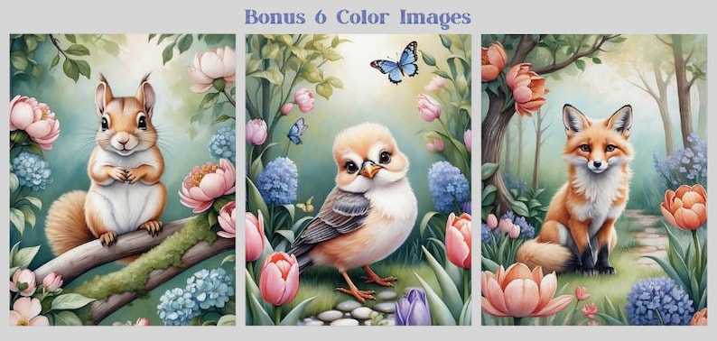 May include: Three illustrations of animals in a spring garden setting. A squirrel sits on a branch, a bird with a blue and brown patterned chest sits on a stone path, and a fox sits on a path in the woods. All three animals are surrounded by flowers and greenery.