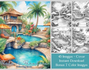 Libro da colorare Tropical Pools: Paradise Oasis Grayscale (PDF scaricabile, 45 pagine)