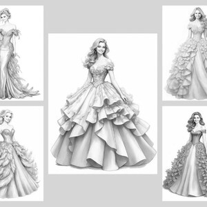 50 Fantasy Gowns Coloring Pages, Women In Elegant Dresses Coloring Book PDF, Grayscale Printable Dress Coloring, Feathered & Floral Gowns image 7
