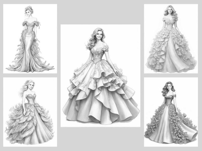 50 Fantasy Gowns Coloring Pages, Women In Elegant Dresses Coloring Book PDF, Grayscale Printable Dress Coloring, Feathered & Floral Gowns image 7