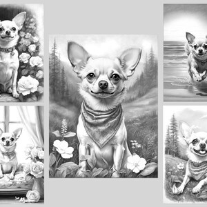 May include: A black and white colouring book page featuring four different illustrations of a chihuahua dog. The dog is depicted in various poses, including sitting, running, and lying down. The illustrations are surrounded by simple backgrounds, such as flowers, a window, and a beach.