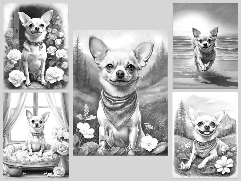 May include: A black and white colouring book page featuring four different illustrations of a chihuahua dog. The dog is depicted in various poses, including sitting, running, and lying down. The illustrations are surrounded by simple backgrounds, such as flowers, a window, and a beach.