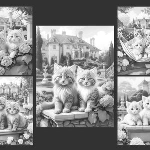 May include: A black and white illustration of a pair of cats sitting on a stone ledge in front of a large house. The cats are looking at the viewer. The house is surrounded by trees and flowers.