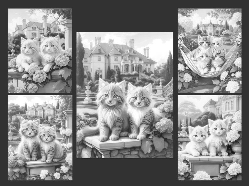 May include: A black and white illustration of a pair of cats sitting on a stone ledge in front of a large house. The cats are looking at the viewer. The house is surrounded by trees and flowers.