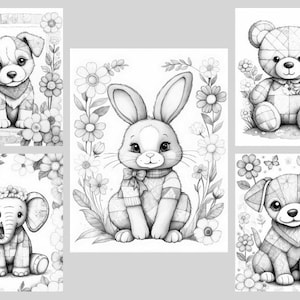 May include: Five black and white illustrations of animals with floral borders. The animals are a dog, a rabbit, a bear, an elephant, and a dog. Each animal is wearing a patterned sweater.