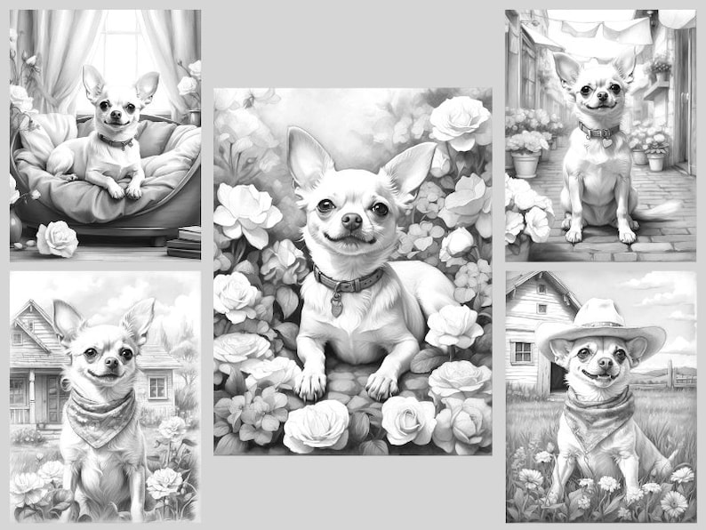 May include: A collection of five black and white illustrations featuring a chihuahua dog in different settings. The chihuahua is shown in a bed, in a garden with roses, in a yard, and wearing a cowboy hat.