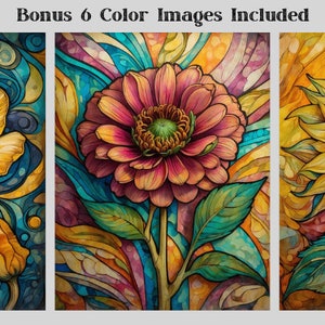 May include: Three colorful floral paintings with a yellow poppy, a pink zinnia, and a yellow sunflower. Each flower is surrounded by swirling, abstract patterns in shades of blue, green, yellow, and orange.