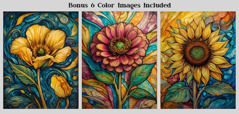 May include: Three colorful floral paintings with a yellow poppy, a pink zinnia, and a yellow sunflower. Each flower is surrounded by swirling, abstract patterns in shades of blue, green, yellow, and orange.
