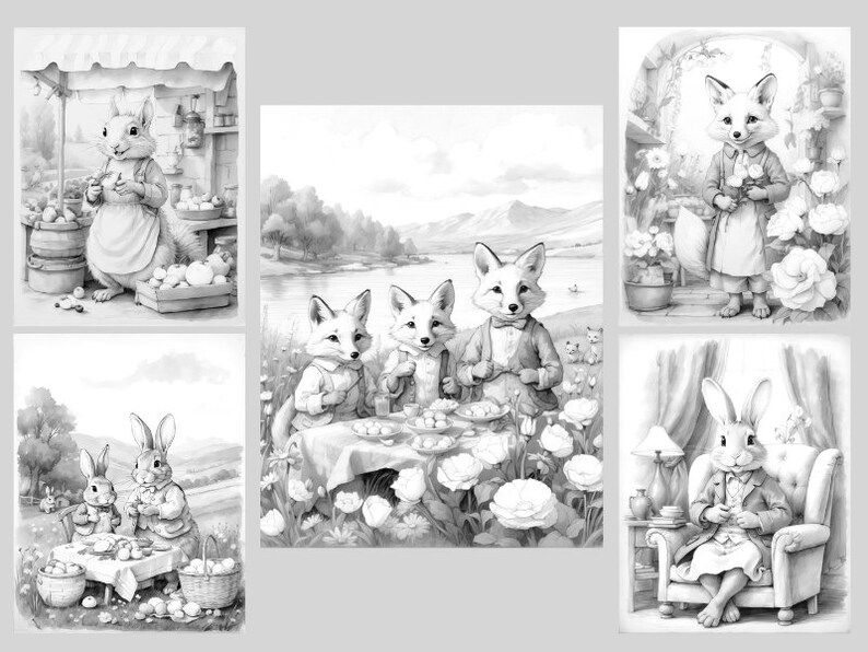 May include: A black and white illustration of a squirrel selling apples from a stand. The squirrel is wearing an apron and holding an apple. There are apples in baskets and crates.