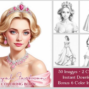 50 Princess Coloring Pages, Royal Fashion Princess Coloring Book PDF, Printable Grayscale Princess & Dress Coloring For Adults And Kids