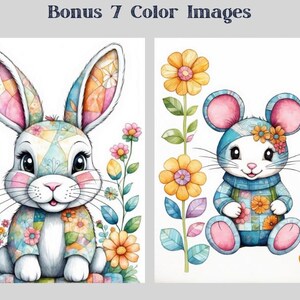 May include: A colorful patchwork bunny and mouse surrounded by flowers. The bunny is white with pink, blue, and yellow patchwork fur. The mouse is blue with pink ears and a pink and blue patchwork dress. The flowers are yellow, pink, and blue.