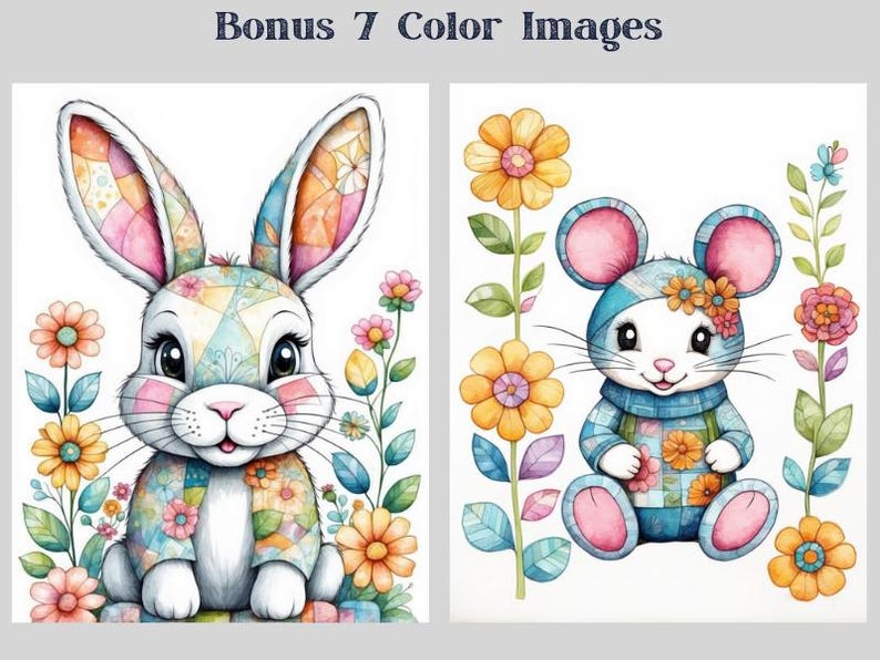 May include: A colorful patchwork bunny and mouse surrounded by flowers. The bunny is white with pink, blue, and yellow patchwork fur. The mouse is blue with pink ears and a pink and blue patchwork dress. The flowers are yellow, pink, and blue.