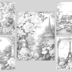 May include: A set of five black and white pencil drawings featuring floral designs, a Parisian-style building, and the Eiffel Tower.