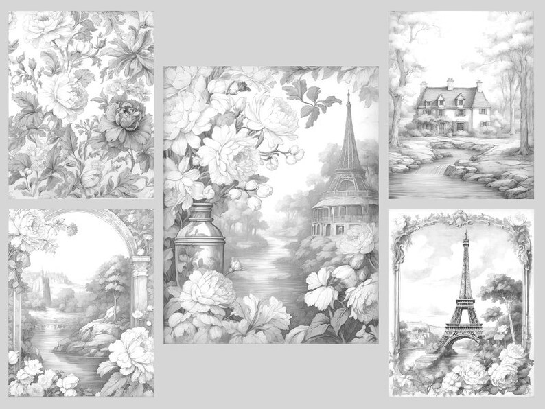 May include: A set of five black and white pencil drawings featuring floral designs, a Parisian-style building, and the Eiffel Tower.