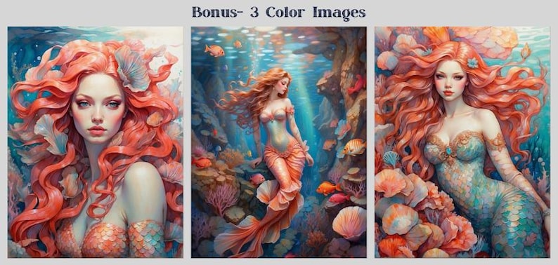 Mermaids Coloring Book: 30 Fantasy Grayscale Pages, Ocean Life, Printable PDF image 2