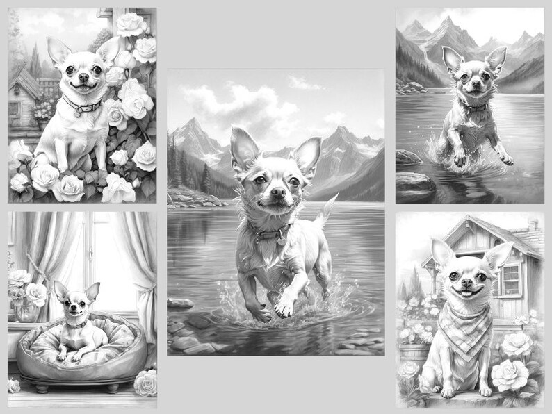 May include: A black and white colouring book page featuring five illustrations of a chihuahua dog in different settings. The chihuahua is shown in a garden, by a lake, and in a house.
