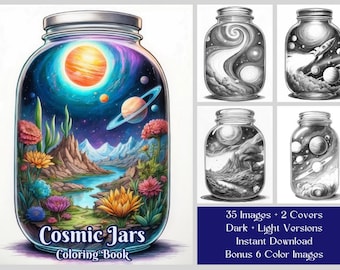 May include: A digital coloring book titled Cosmic Jars featuring a large glass jar filled with a colorful space landscape, planets, and flowers. The set includes 35 images, 2 covers, dark and light versions, and 6 bonus color images for download.