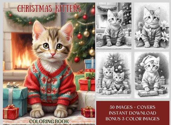 50 Christmas Kittens Coloring Book- Cute Kittens in Christmas Sweaters Coloring Pages- Instant Download- Grayscale Christmas Coloring Book