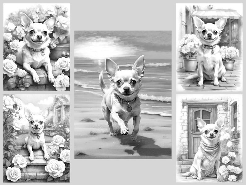 May include: A black and white illustration of four adorable chihuahua dogs in different settings. One chihuahua is sitting on a porch with flowers, another is running on a beach, another is sitting on a porch with a door, and the last one is sitting on a porch with a door and flowers.