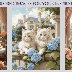 May include: Three images of kittens in different settings. The first image shows two orange and white kittens sitting on a blue and gold chair in a room with a window and flowers. The second image shows two white kittens sitting on a stone ledge with blue hydrangeas. The third image shows a tabby kitten sitting in a blue planter with pink and white flowers.