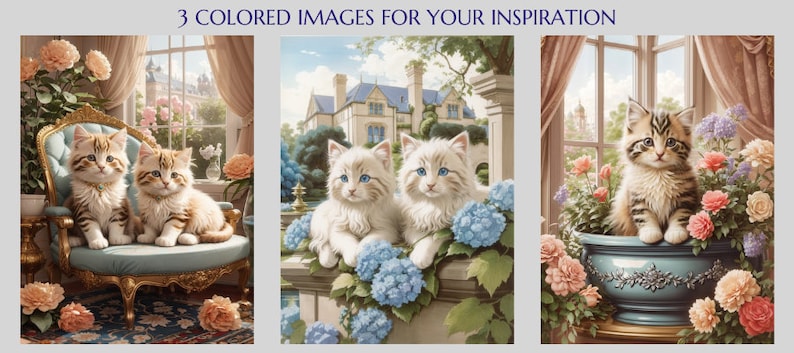 May include: Three images of kittens in different settings. The first image shows two orange and white kittens sitting on a blue and gold chair in a room with a window and flowers. The second image shows two white kittens sitting on a stone ledge with blue hydrangeas. The third image shows a tabby kitten sitting in a blue planter with pink and white flowers.