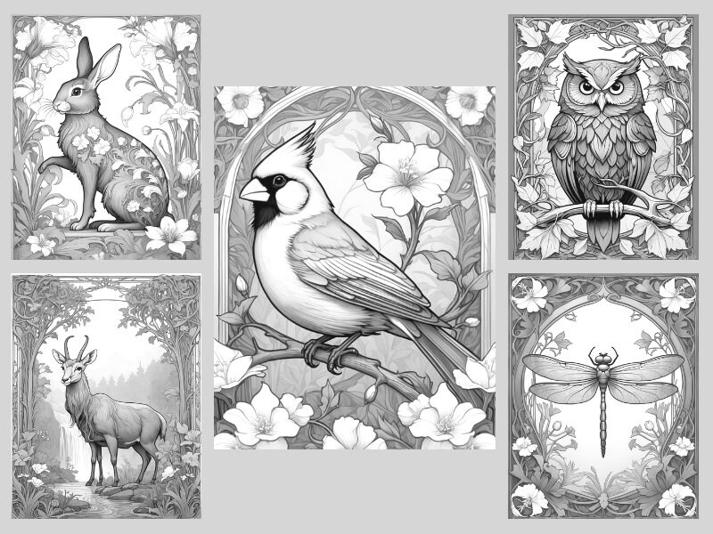 40 Animal Coloring Pages, Art Nouveau Vintage Animals Coloring Book ...