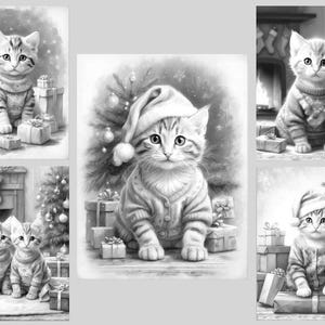 May include: A collection of five black and white illustrations featuring kittens wearing sweaters and Santa hats, positioned near Christmas trees and wrapped gift boxes. Some scenes include a fireplace with hanging stockings in the background.