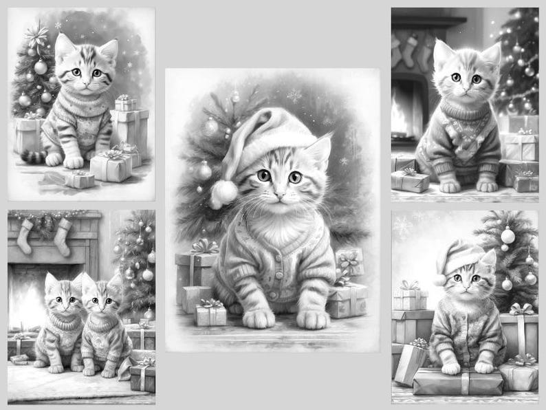 May include: A collection of five black and white illustrations featuring kittens wearing sweaters and Santa hats, positioned near Christmas trees and wrapped gift boxes. Some scenes include a fireplace with hanging stockings in the background.