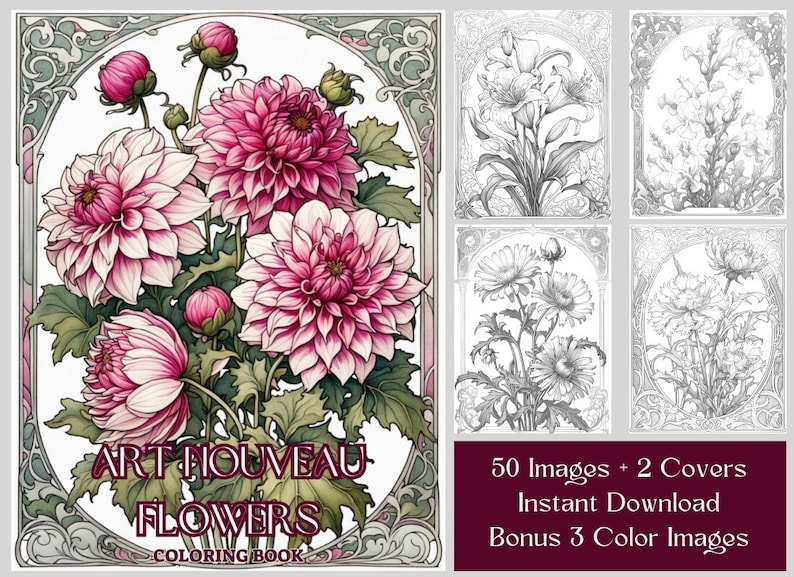 50 Flowers Coloring Book PDF, Art Nouveau Flowers, Adults and Kids Coloring Books, Instant Download, Grayscale Coloring Page, Printable PDF. Bonus 3 Color Images. A Stylish And Detailed Coloring Book Perfect For Relaxation And Stress Relief.