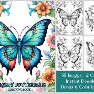 35 Butterfly Coloring Pages, Butterflies & Flowers Printable Grayscale Coloring Book, Butterfly Mandala Coloring Pages For Adults And Kids