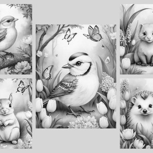 May include: A black and white coloring page featuring a variety of animals, including a bird, a hedgehog, a squirrel, and a ferret. The animals are surrounded by flowers and butterflies.