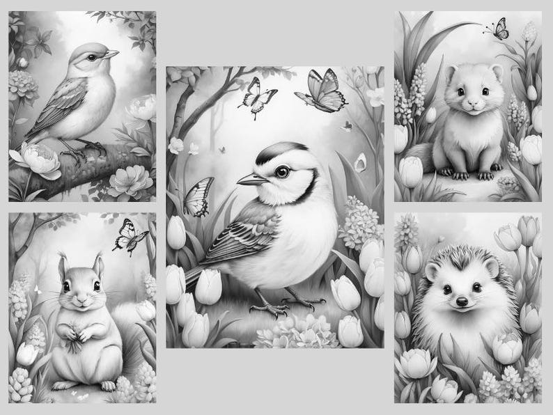 May include: A black and white coloring page featuring a variety of animals, including a bird, a hedgehog, a squirrel, and a ferret. The animals are surrounded by flowers and butterflies.