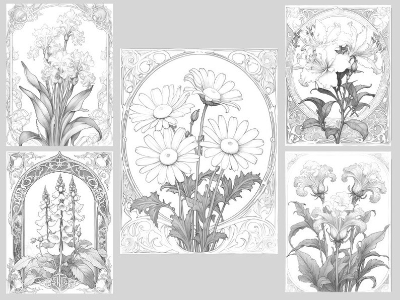 May include: Five black and white line drawings of different flowers in ornate frames. The flowers include a cluster of lilies, a daisy, a cluster of foxgloves, and two different types of carnations.