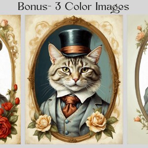 May include: Three digital illustrations of a cat wearing a top hat and a different outfit in each image. The cat is in a gold oval frame with floral accents. The background is a light beige color.