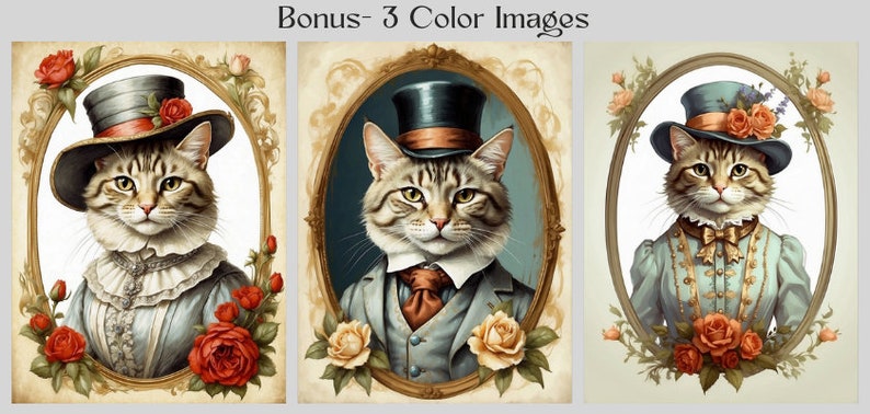 May include: Three digital illustrations of a cat wearing a top hat and a different outfit in each image. The cat is in a gold oval frame with floral accents. The background is a light beige color.