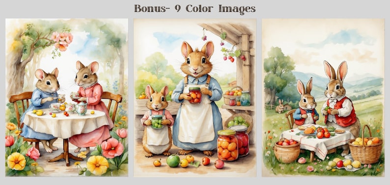 May include: Three watercolor illustrations of rabbits and mice enjoying a meal together. The first image shows two mice sitting at a table with teacups and a teapot. The second image shows a mother rabbit and her child rabbit holding jars of preserved fruit. The third image shows two rabbits sitting at a table with a basket of fruit and a plate of food.