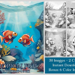 30 Tropical Fish Coloring Pages, Adult & Kids Coloring Book, Grayscale Printable Ocean Coloring Sheets, Instant Download, Sea Life Coloring
