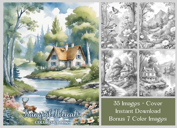 35 Landscape Coloring Pages, Printable Grayscale Nature Coloring Book For Adults, Relaxing Coloring Book, Animal Coloring, Floral Coloring