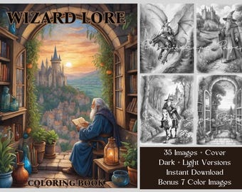 Wizard Coloring Book: 35 Fantasy Coloring Pages | Dragons, Castles, Magical Potions | Printable Grayscale Art