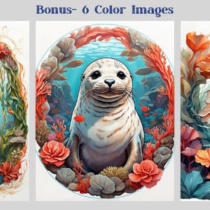 May include: Three colorful illustrations of underwater scenes. The first image features a dolphin jumping out of the water with a coral reef and seaweed in the background. The second image features a seal sitting on the ocean floor with coral and seaweed in the background. The third image features a goldfish swimming through a coral reef with seaweed in the background.