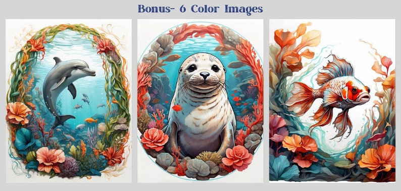 May include: Three colorful illustrations of underwater scenes. The first image features a dolphin jumping out of the water with a coral reef and seaweed in the background. The second image features a seal sitting on the ocean floor with coral and seaweed in the background. The third image features a goldfish swimming through a coral reef with seaweed in the background.