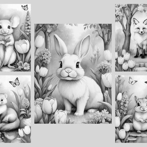 May include: Black and white coloring page featuring a variety of animals in a garden setting. The animals include a rabbit, a fox, a mouse, a squirrel, and a weasel. The garden is filled with flowers and plants.