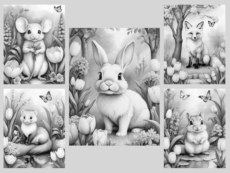 May include: Black and white coloring page featuring a variety of animals in a garden setting. The animals include a rabbit, a fox, a mouse, a squirrel, and a weasel. The garden is filled with flowers and plants.
