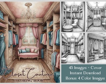 Closet Couture Coloring Book: 45 Fashion Interiors, Grayscale (Digital Download)